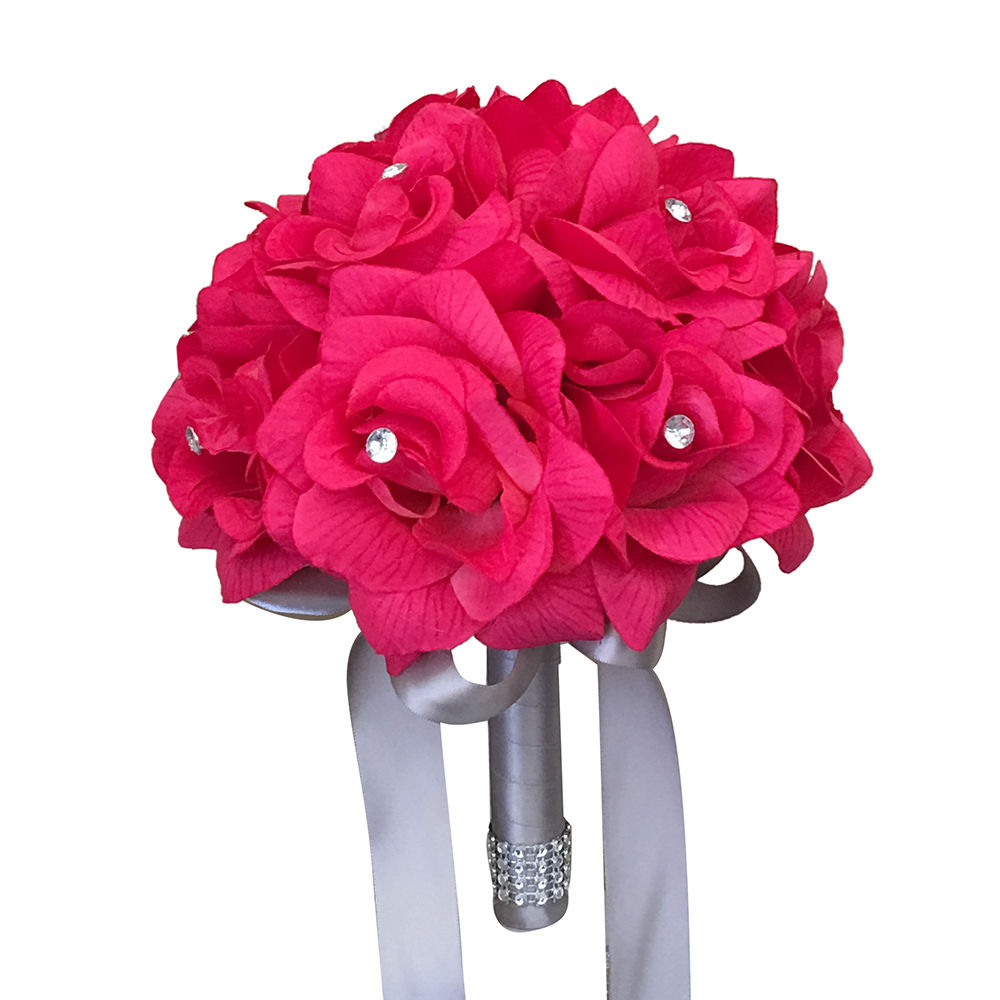 Hot Pink Gray:8"Bridesmaid rose Rhinestone bouquet Wedding ...